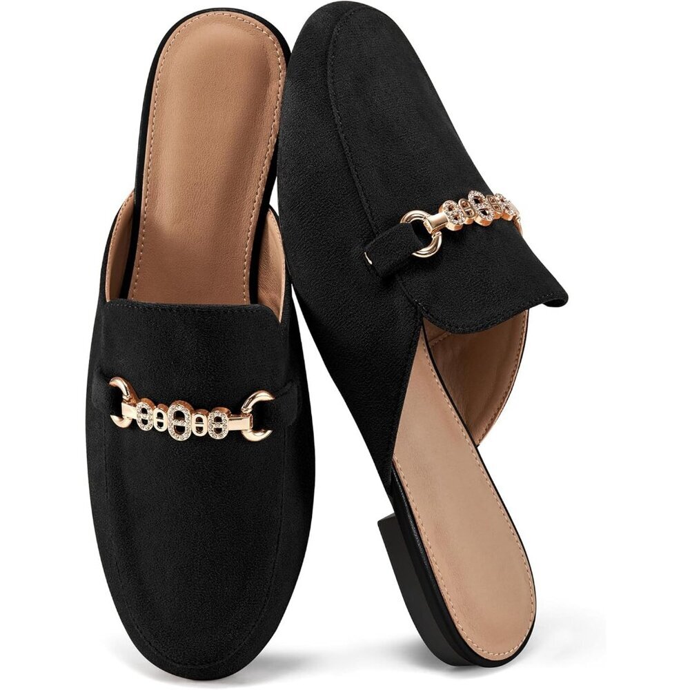 〽️Womens Black Suede Mule Flats Buckle Slip On Closed Toe Backless Loafers